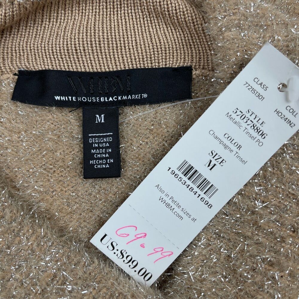 White House Black Market Metallic Tinsel Sweater Medium Champagne Long Sleeve - Picture 9 of 10